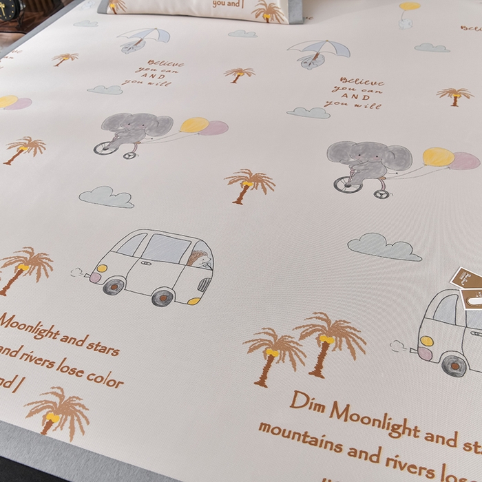 91家纺网 家纺一手货源 找家纺 小牛席业 2026新款加厚款碳光凉感印花冰丝席凉席席子 椰树大象