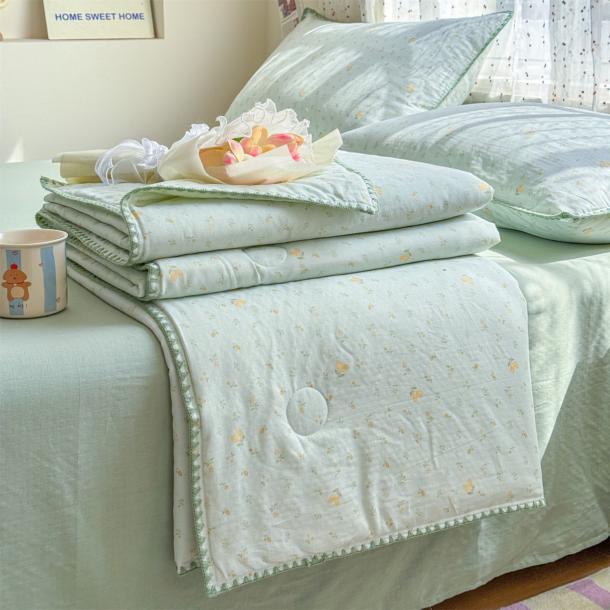 被窝家纺 2026春夏新款贝壳边全棉双层纱大豆夏凉被空调被夏被四件套 柠檬花