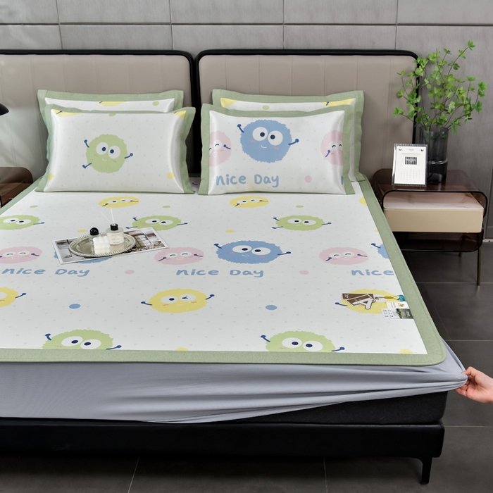 小牛席业 2026新款加厚款碳光凉感印花冰丝席凉席席子(床笠款） 彩色煤球