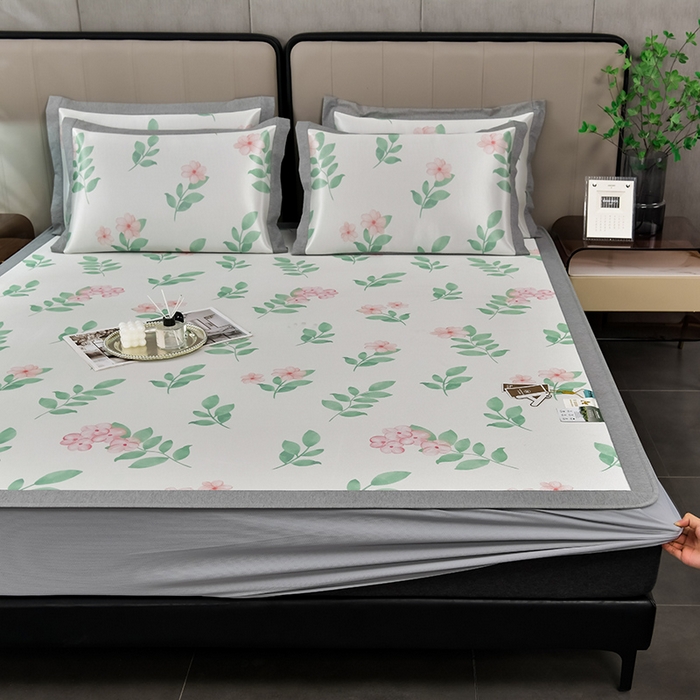 小牛席业 2026新款加厚款碳光凉感印花冰丝席凉席席子(床笠款） 花间集