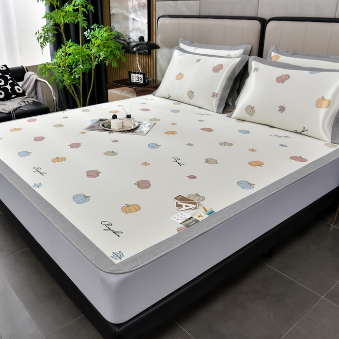 91家纺网 家纺一手货源 找家纺 小牛席业 2026新款加厚款碳光凉感印花冰丝席凉席席子(床笠款） 小号南瓜