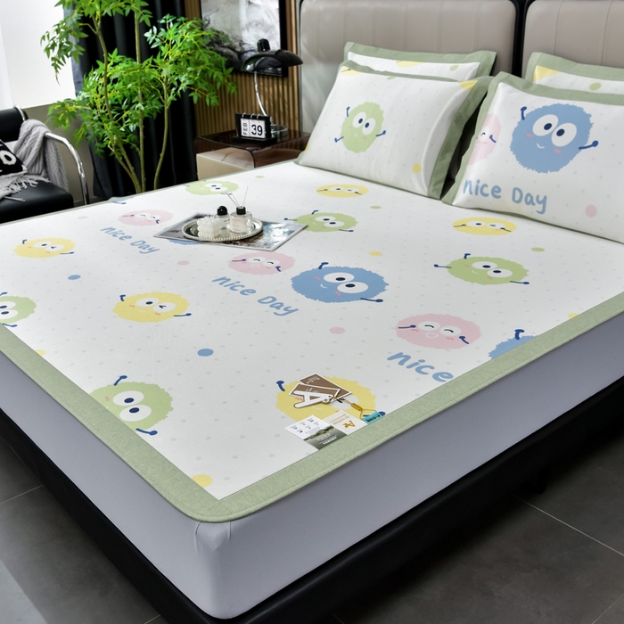 91家纺网 家纺一手货源 找家纺 小牛席业 2026新款加厚款碳光凉感印花冰丝席凉席席子(床笠款） 彩色煤球