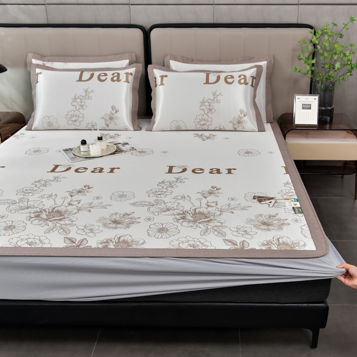 小牛席业 2026新款加厚款碳光凉感印花冰丝席凉席席子(床笠款） 轻奢赫本