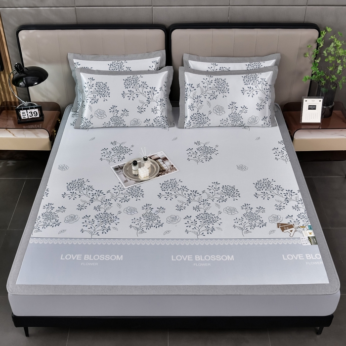 91家纺网 家纺一手货源 找家纺 小牛席业 2026新款加厚款碳光凉感印花冰丝席凉席席子(床笠款） 清新叶语-灰