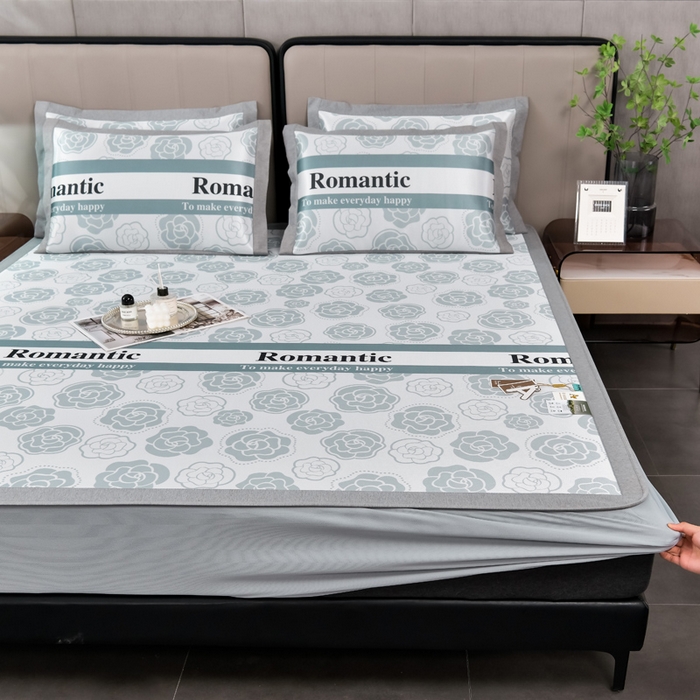 小牛席业 2026新款加厚款碳光凉感印花冰丝席凉席席子(床笠款） 浪漫山茶花