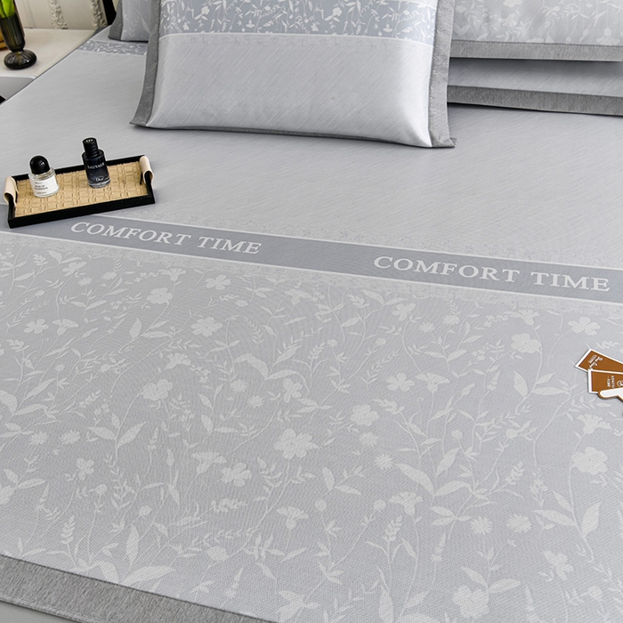 91家纺网 家纺一手货源 找家纺 小牛席业 2026新款加厚款碳光凉感印花冰丝席凉席席子(床笠款） 琉璃叶语-灰色