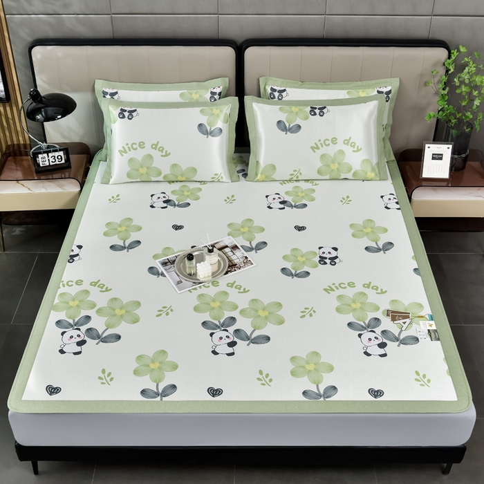 91家纺网 家纺一手货源 找家纺 小牛席业 2026新款加厚款碳光凉感印花冰丝席凉席席子(床笠款） 熊猫胖哒