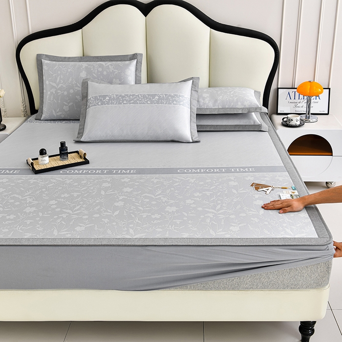 小牛席业 2026新款加厚款碳光凉感印花冰丝席凉席席子(床笠款） 琉璃叶语-灰色