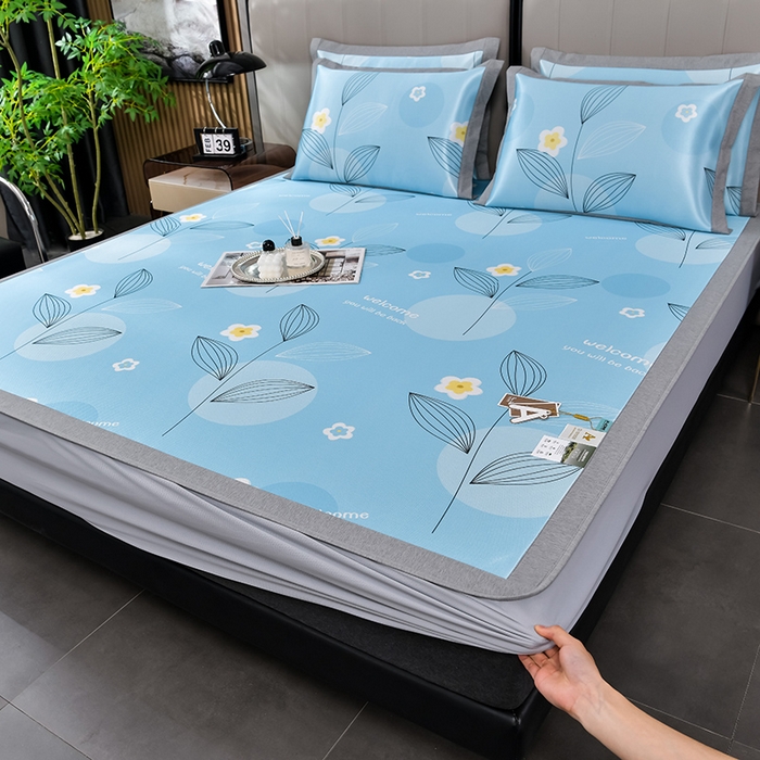 91家纺网 家纺一手货源 找家纺 小牛席业 2026新款加厚款碳光凉感印花冰丝席凉席席子(床笠款） 清凉一夏