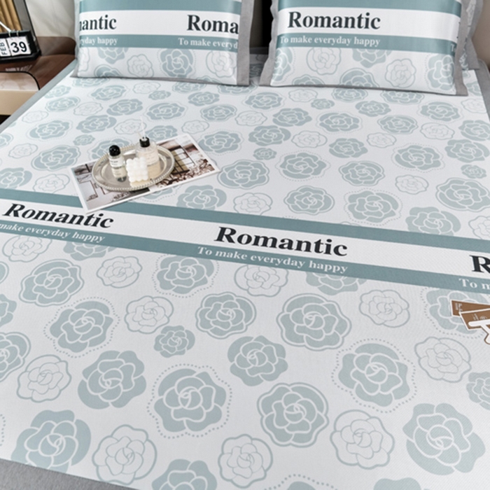 91家纺网 家纺一手货源 找家纺 小牛席业 2026新款加厚款碳光凉感印花冰丝席凉席席子(床笠款） 浪漫山茶花