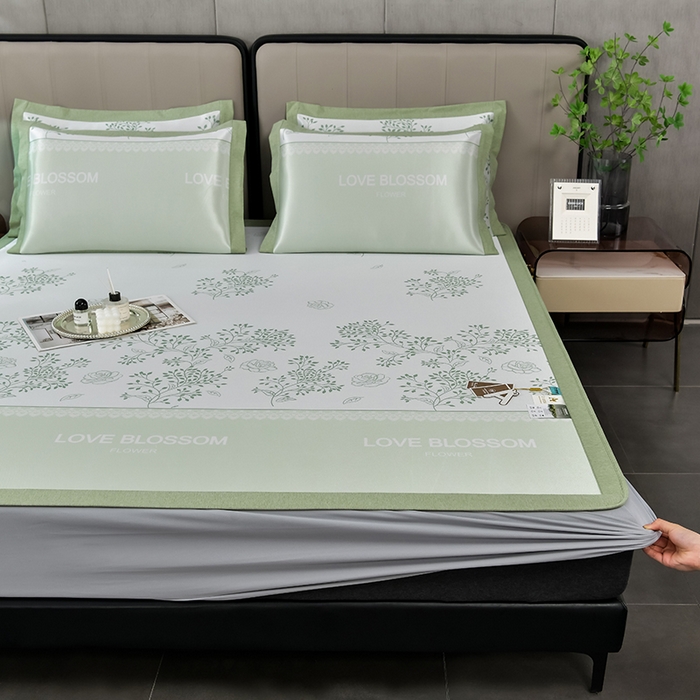 小牛席业 2026新款加厚款碳光凉感印花冰丝席凉席席子(床笠款） 清新叶语-绿