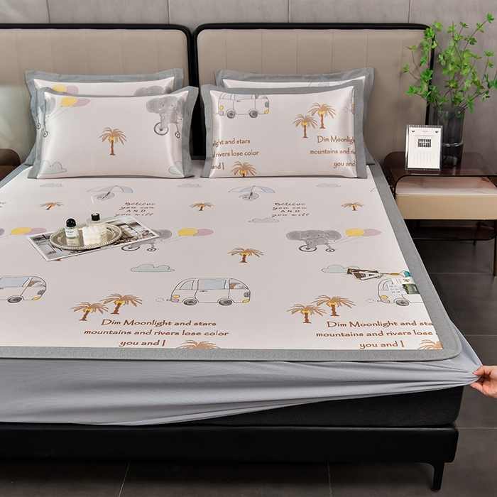 小牛席业 2026新款加厚款碳光凉感印花冰丝席凉席席子(床笠款） 椰树与大象