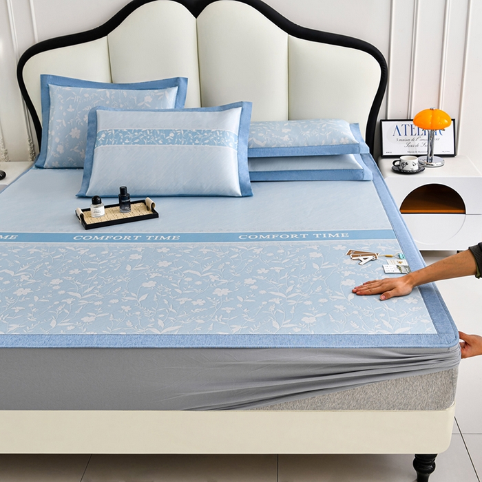 小牛席业 2026新款加厚款碳光凉感印花冰丝席凉席席子(床笠款） 琉璃叶语-蓝色