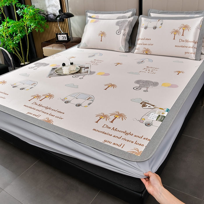 91家纺网 家纺一手货源 找家纺 小牛席业 2026新款加厚款碳光凉感印花冰丝席凉席席子(床笠款） 椰树与大象