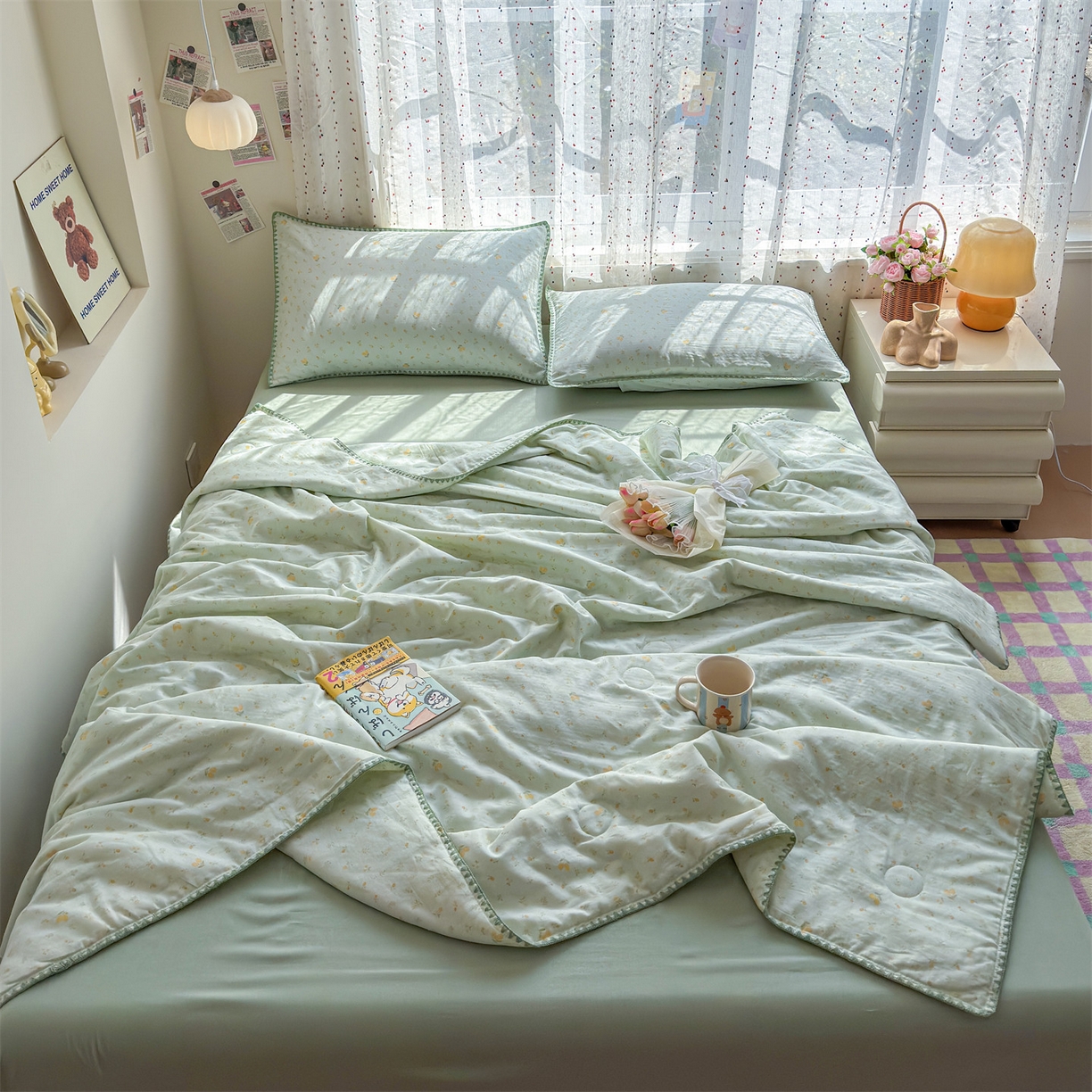 91家纺网 家纺一手货源 找家纺 被窝家纺 2026春夏新款贝壳边全棉双层纱大豆夏凉被空调被夏被四件套 柠檬花