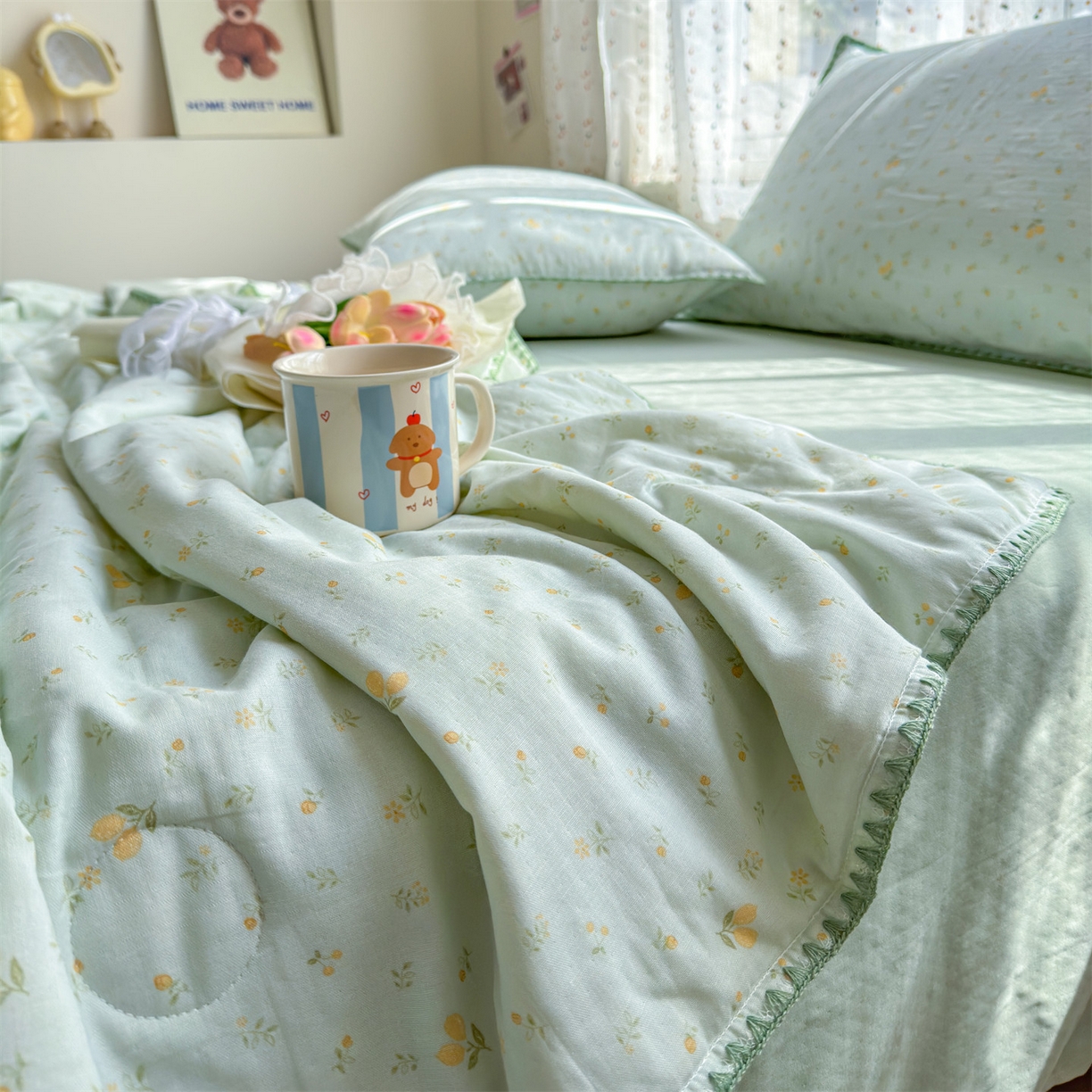 91家纺网 家纺一手货源 找家纺 被窝家纺 2026春夏新款贝壳边全棉双层纱大豆夏凉被空调被夏被四件套 柠檬花