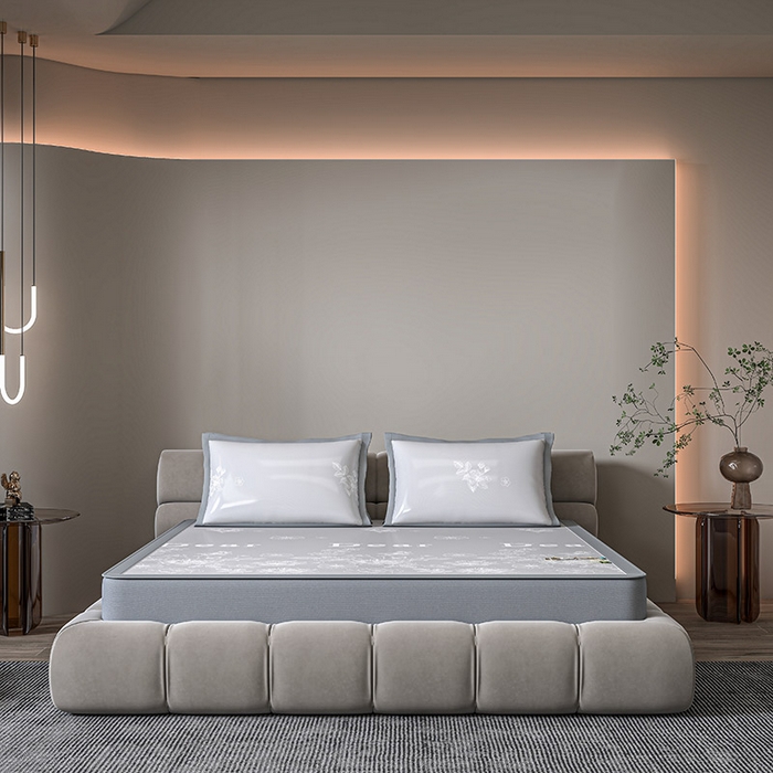 91家纺网 家纺一手货源 找家纺 小牛席业 2026新款PE凉感轻奢赫本提花冰丝席凉席席子（床笠款） 灰色