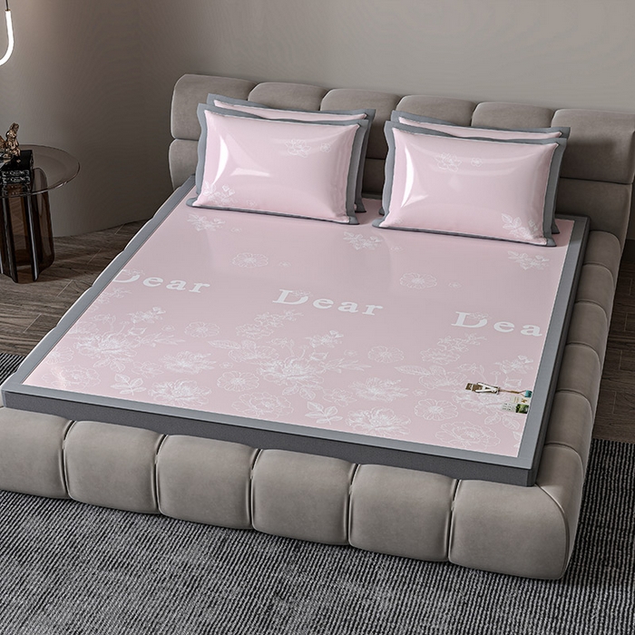 91家纺网 家纺一手货源 找家纺 小牛席业 2026新款PE凉感轻奢赫本提花冰丝席凉席席子（床笠款） 粉色