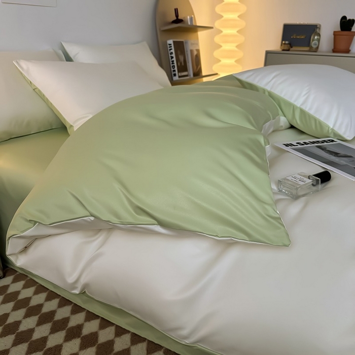 91家纺网 家纺一手货源 找家纺 缦绣阁家纺  2026新款夏季轻奢水洗冰丝四件套真丝简约纯色被罩被套学生宿舍三件套-洛可可系列 洛可可-芝士+果绿