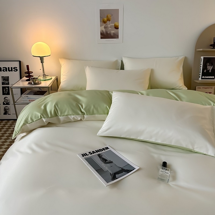 91家纺网 家纺一手货源 找家纺 缦绣阁家纺  2026新款夏季轻奢水洗冰丝四件套真丝简约纯色被罩被套学生宿舍三件套-洛可可系列 洛可可-芝士+果绿