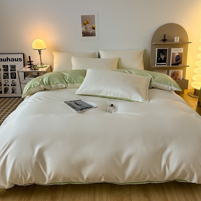 91家纺网 家纺一手货源 找家纺 缦绣阁家纺  2026新款夏季轻奢水洗冰丝四件套真丝简约纯色被罩被套学生宿舍三件套-洛可可系列 洛可可-芝士+果绿