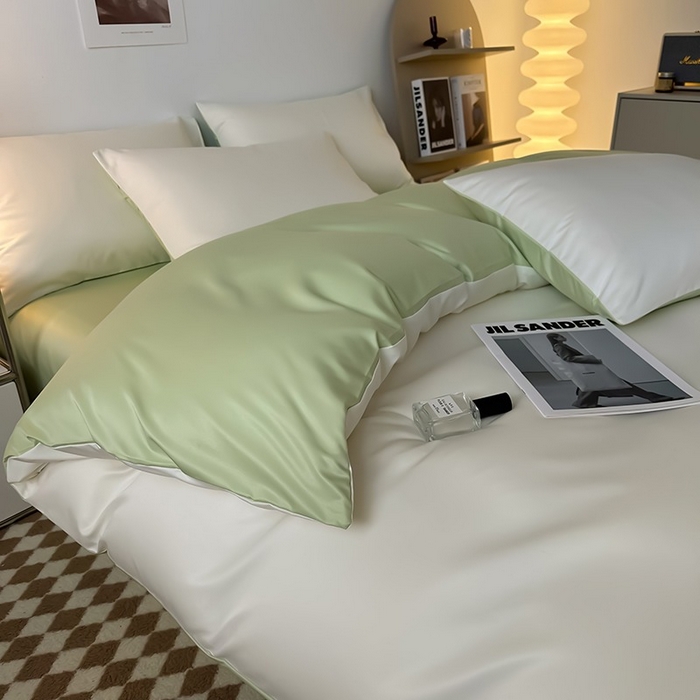 91家纺网 家纺一手货源 找家纺 缦绣阁家纺  2026新款夏季轻奢水洗冰丝四件套真丝简约纯色被罩被套学生宿舍三件套-洛可可系列 洛可可-芝士+果绿