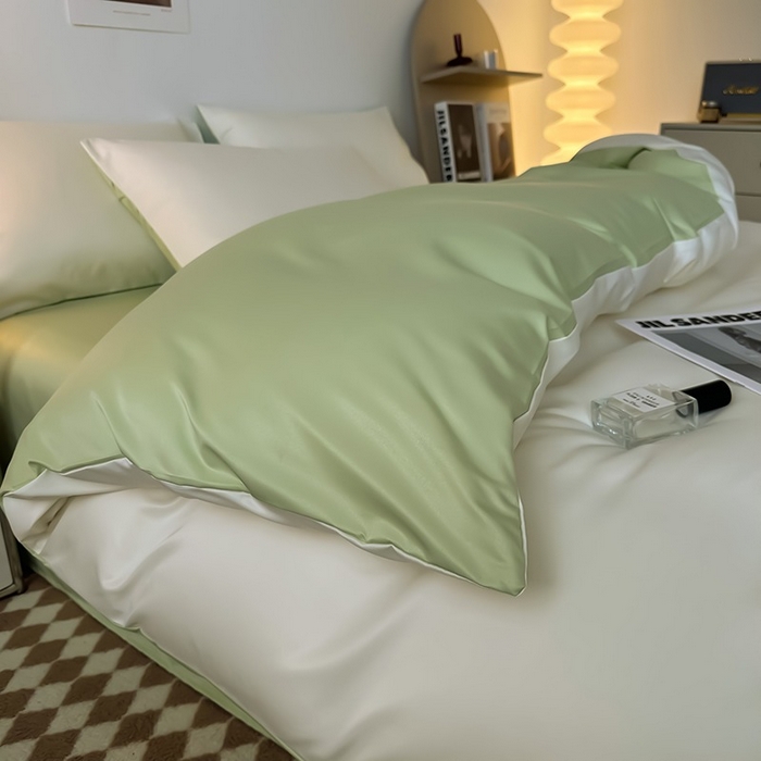 91家纺网 家纺一手货源 找家纺 缦绣阁家纺  2026新款夏季轻奢水洗冰丝四件套真丝简约纯色被罩被套学生宿舍三件套-洛可可系列 洛可可-芝士+果绿