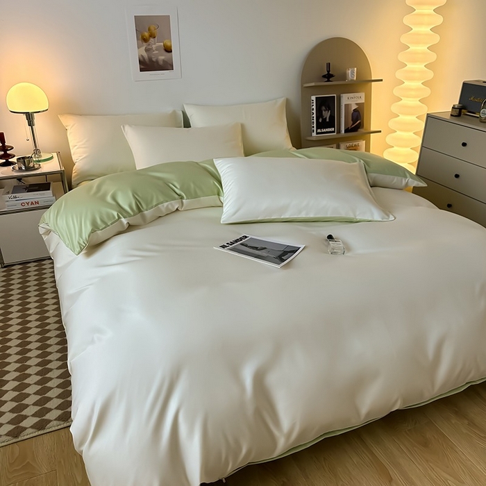 91家纺网 家纺一手货源 找家纺 缦绣阁家纺  2026新款夏季轻奢水洗冰丝四件套真丝简约纯色被罩被套学生宿舍三件套-洛可可系列 洛可可-芝士+果绿