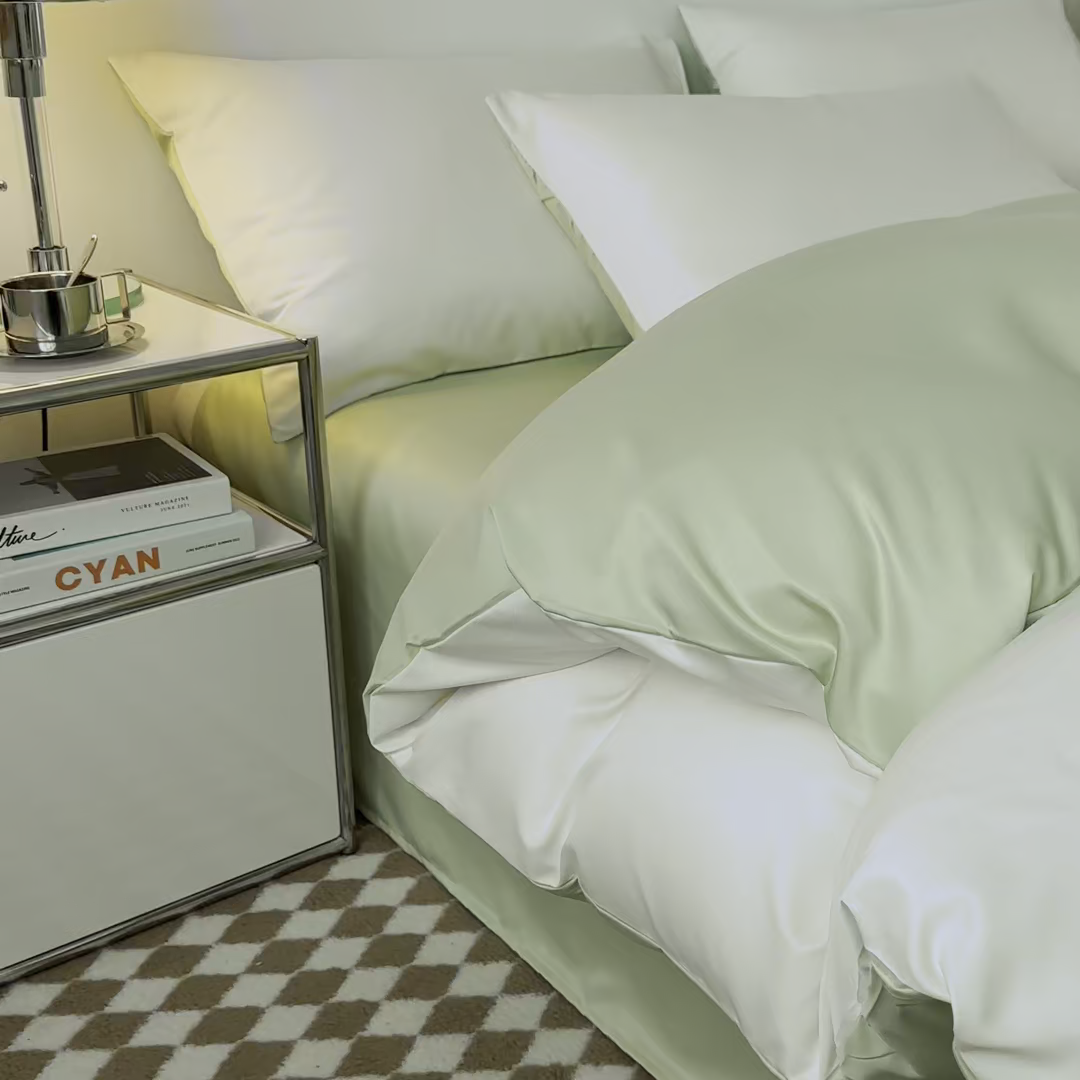 91家纺网 家纺一手货源 找家纺 缦绣阁家纺  2026新款夏季轻奢水洗冰丝四件套真丝简约纯色被罩被套学生宿舍三件套-洛可可系列 洛可可-芝士+果绿