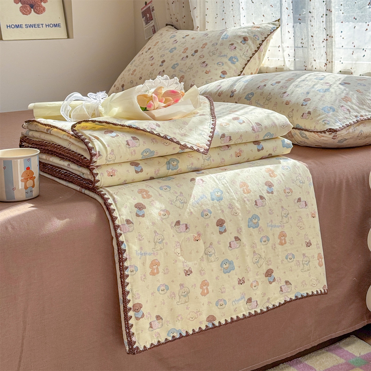 被窝家纺 2026春夏新款贝壳边全棉双层纱大豆夏凉被空调被夏被四件套 泡芙狗