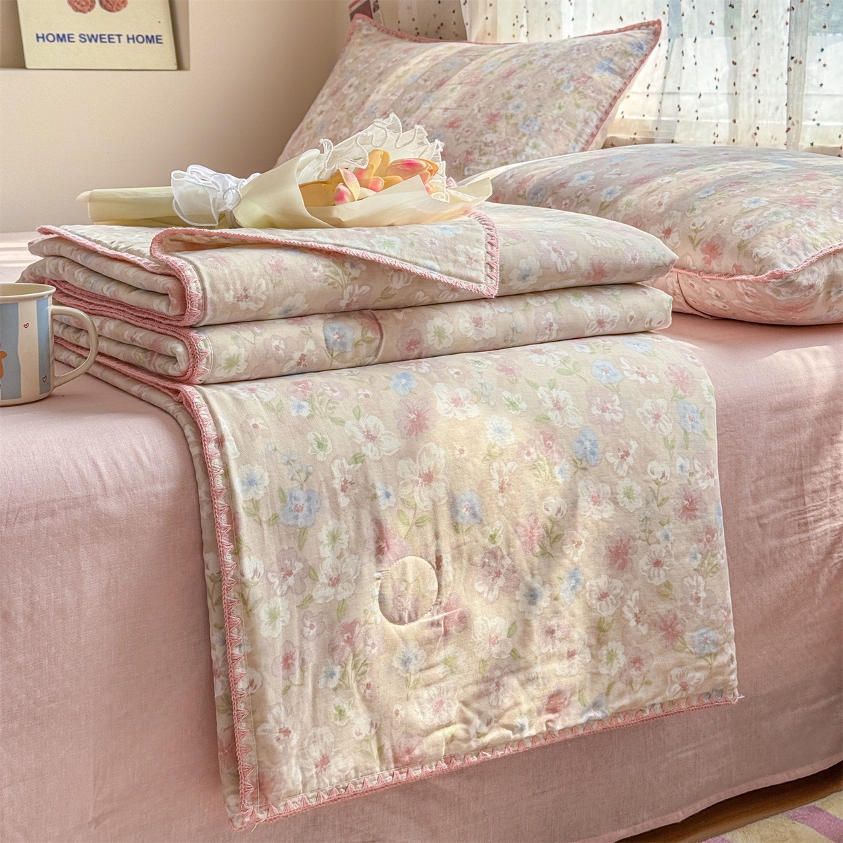 被窝家纺 2026春夏新款贝壳边全棉双层纱大豆夏凉被空调被夏被四件套 清桃-粉