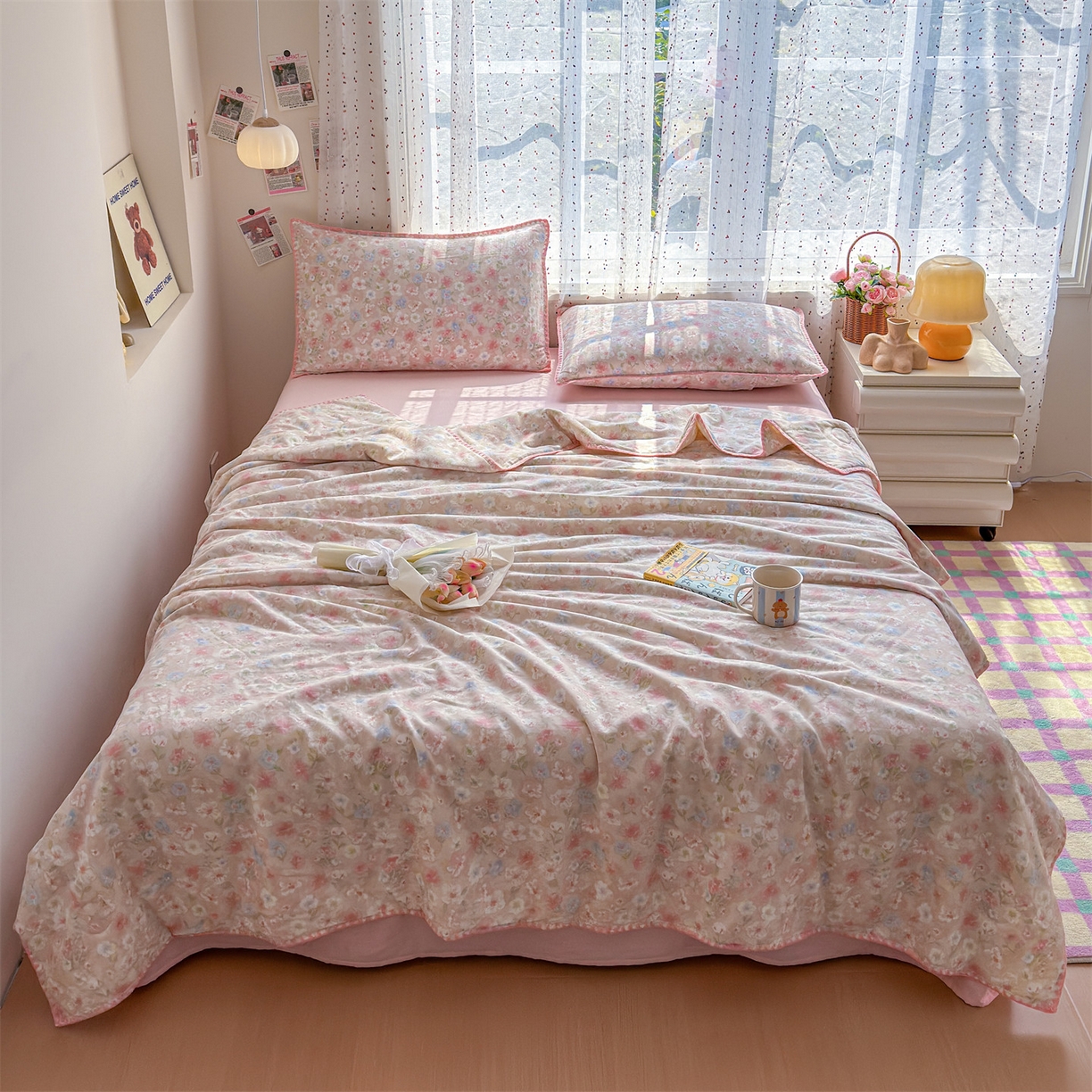 91家纺网 家纺一手货源 找家纺 被窝家纺 2026春夏新款贝壳边全棉双层纱大豆夏凉被空调被夏被四件套 清桃-粉