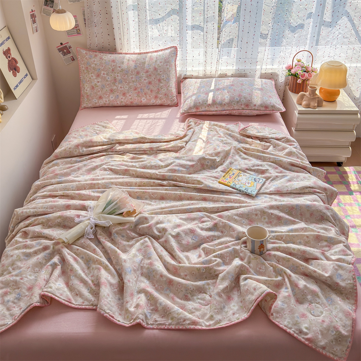 91家纺网 家纺一手货源 找家纺 被窝家纺 2026春夏新款贝壳边全棉双层纱大豆夏凉被空调被夏被四件套 清桃-粉