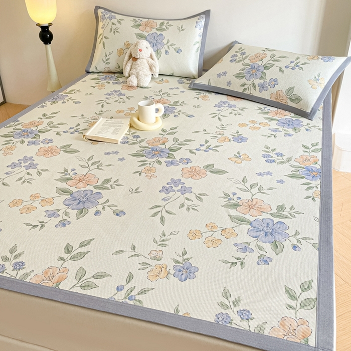 91家纺网 家纺一手货源 找家纺 柒月家居 2026新款小清新印花冰藤系列凉席席子-平铺款 蓝橘之夏