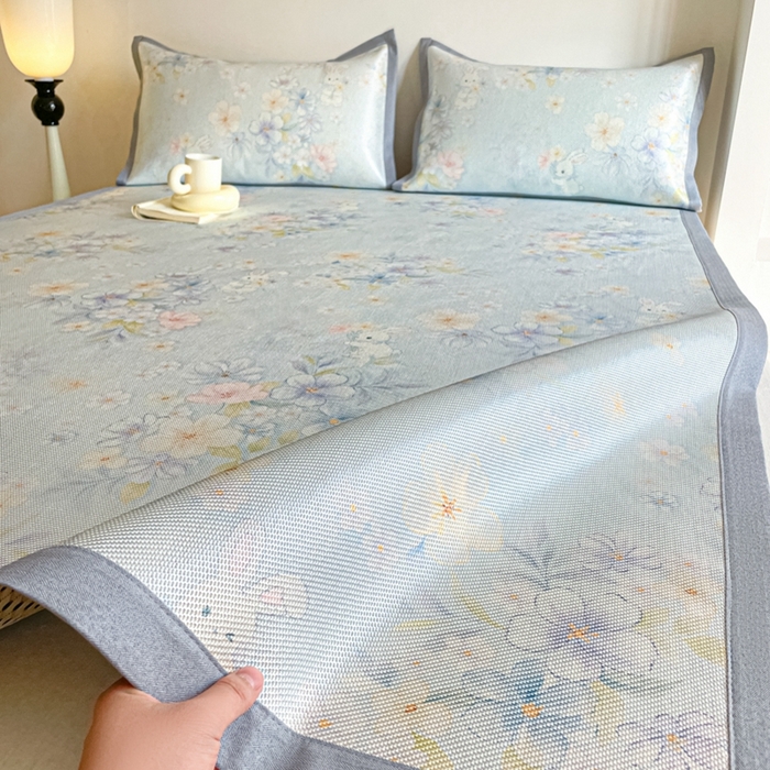 柒月家居 2026新款小清新印花冰藤系列凉席席子-平铺款 蓝雾花影