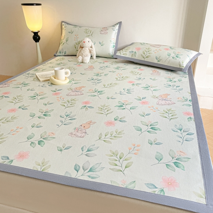 91家纺网 家纺一手货源 找家纺 柒月家居 2026新款小清新印花冰藤系列凉席席子-平铺款 青枝花间