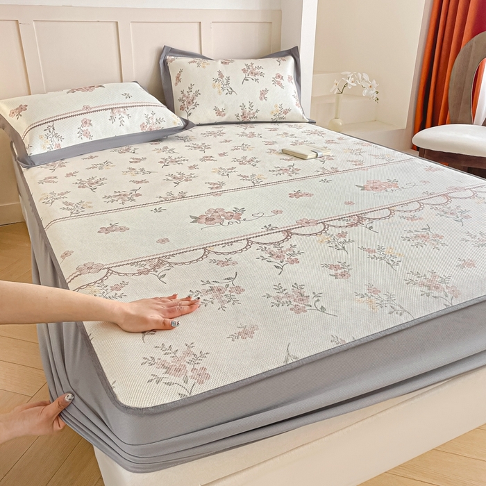 91家纺网 家纺一手货源 找家纺 （总）柒月家居 2026新款小清新印花冰藤凉席席子-床笠款