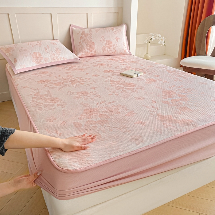 91家纺网 家纺一手货源 找家纺 （总）柒月家居 2026新款小清新印花冰藤凉席席子-床笠款