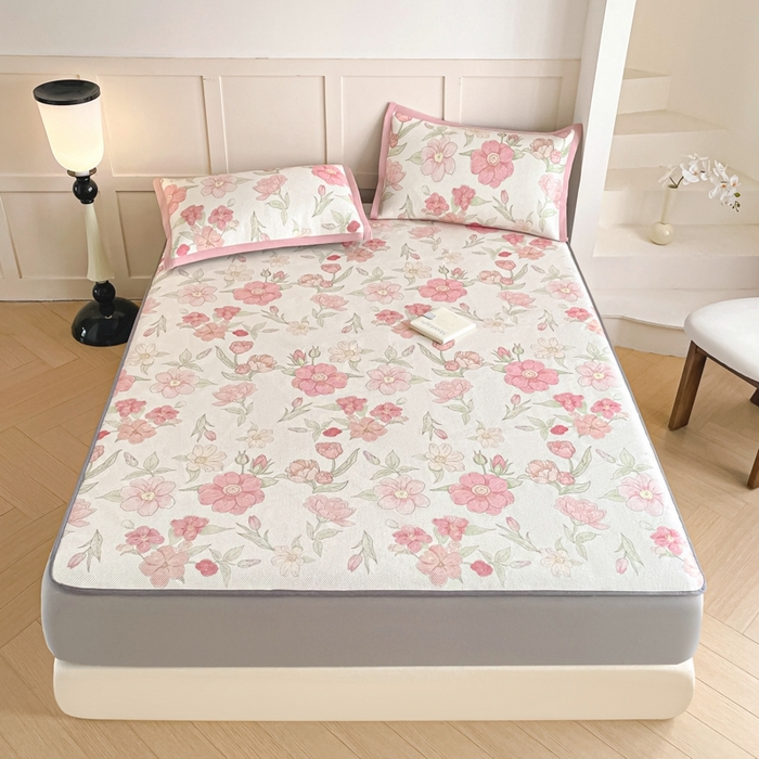 91家纺网 家纺一手货源 找家纺 柒月家居 2026新款小清新印花冰藤凉席席子-床笠款 粉色花海