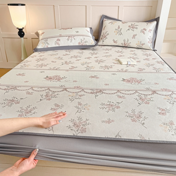 91家纺网 家纺一手货源 找家纺 柒月家居 2026新款小清新印花冰藤凉席席子-床笠款 花蔓