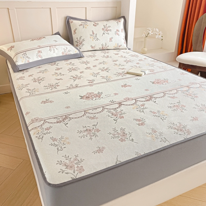 91家纺网 家纺一手货源 找家纺 柒月家居 2026新款小清新印花冰藤凉席席子-床笠款 花蔓