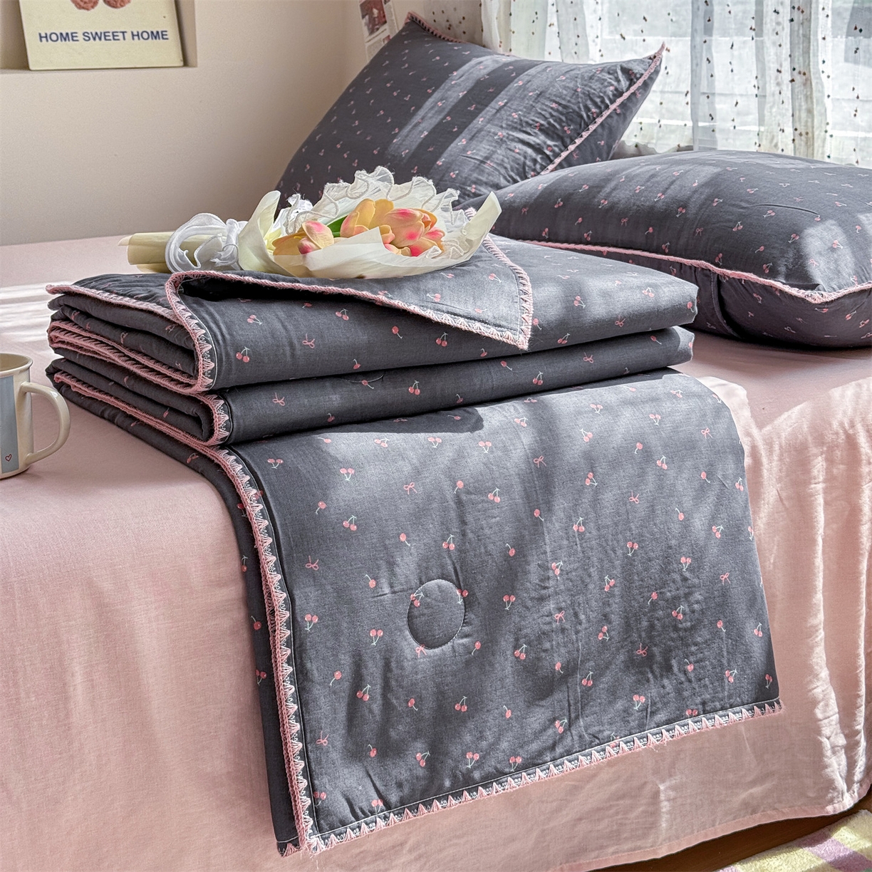 被窝家纺 2026春夏新款贝壳边全棉双层纱大豆夏凉被空调被夏被四件套 樱桃甜心