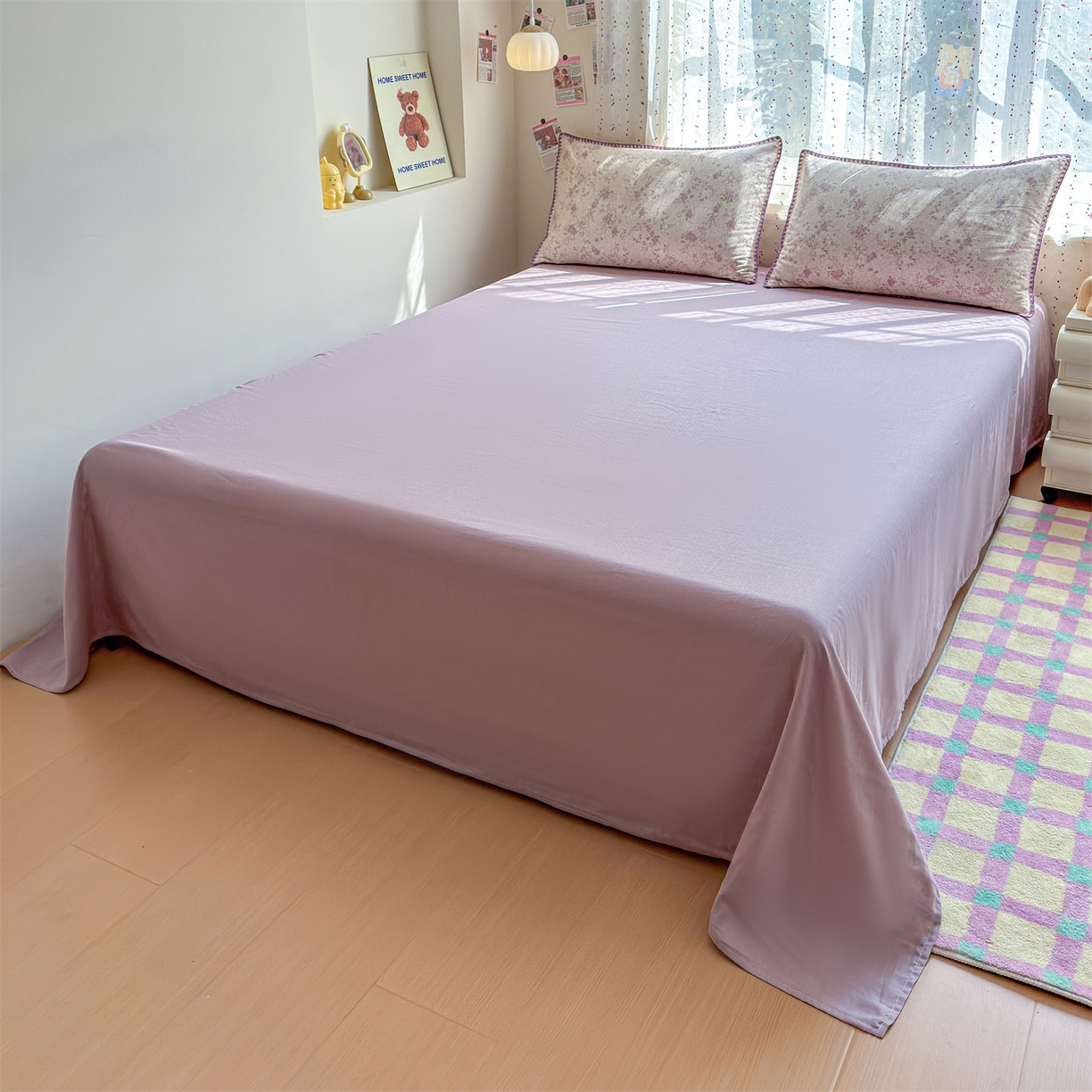 91家纺网 家纺一手货源 找家纺 被窝家纺 2026春夏新款贝壳边全棉双层纱大豆夏凉被空调被夏被四件套 紫罗兰