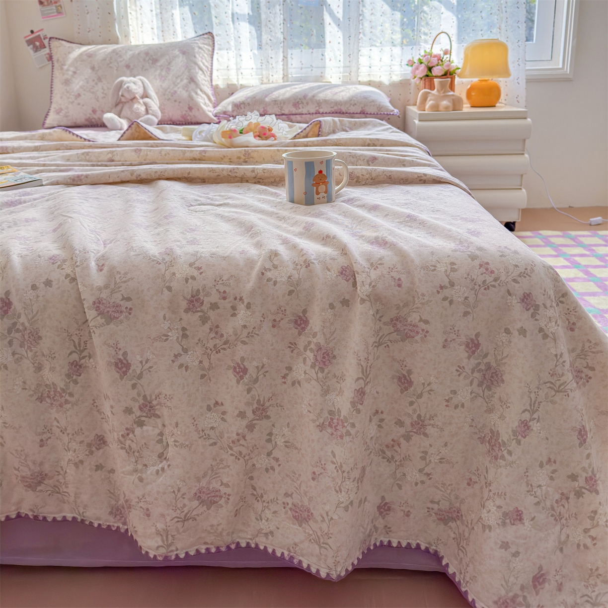 91家纺网 家纺一手货源 找家纺 被窝家纺 2026春夏新款贝壳边全棉双层纱大豆夏凉被空调被夏被四件套 紫罗兰