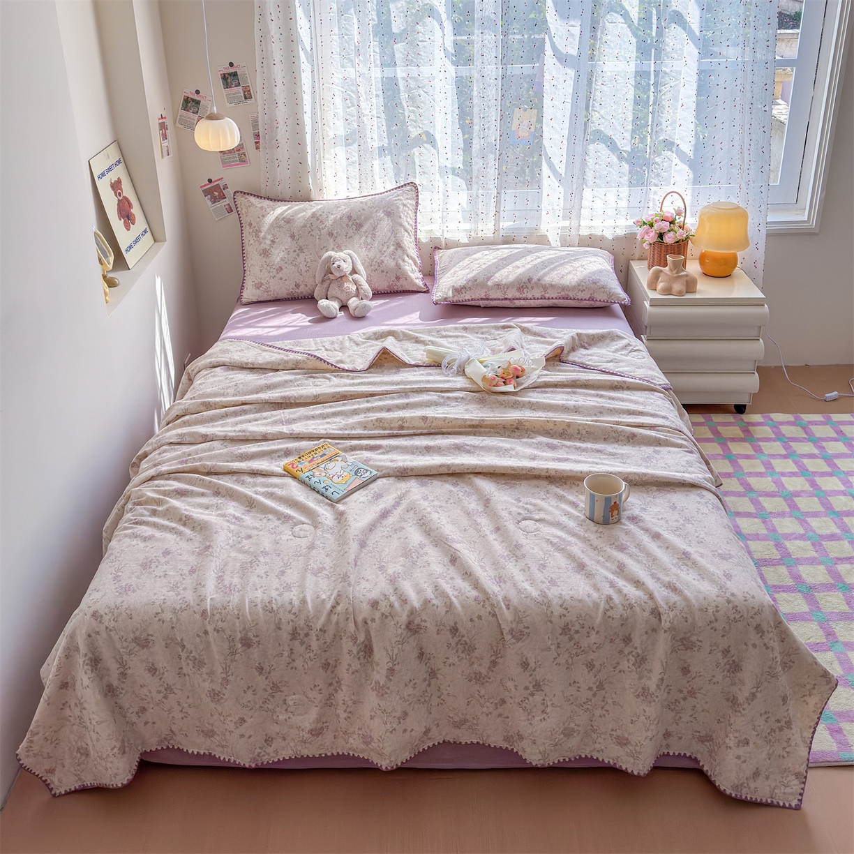 91家纺网 家纺一手货源 找家纺 被窝家纺 2026春夏新款贝壳边全棉双层纱大豆夏凉被空调被夏被四件套 紫罗兰