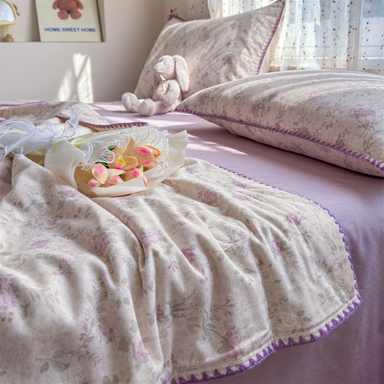 91家纺网 家纺一手货源 找家纺 被窝家纺 2026春夏新款贝壳边全棉双层纱大豆夏凉被空调被夏被四件套 紫罗兰