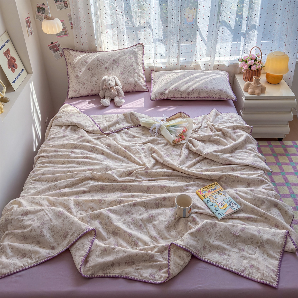 91家纺网 家纺一手货源 找家纺 被窝家纺 2026春夏新款贝壳边全棉双层纱大豆夏凉被空调被夏被四件套 紫罗兰
