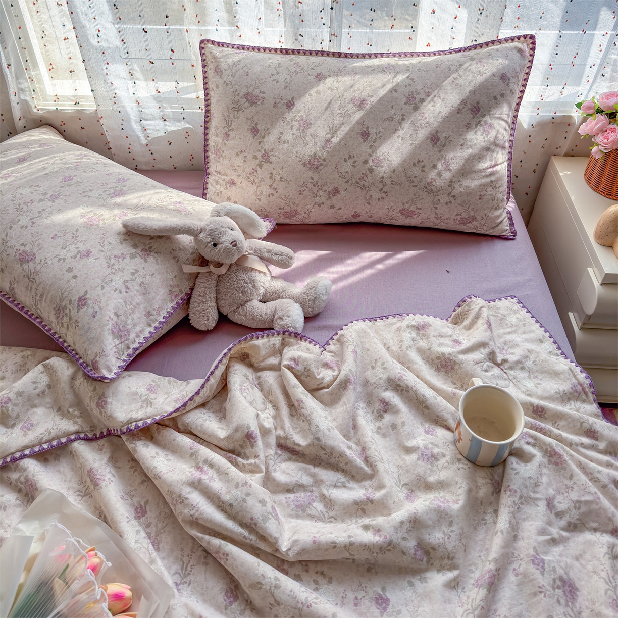 91家纺网 家纺一手货源 找家纺 被窝家纺 2026春夏新款贝壳边全棉双层纱大豆夏凉被空调被夏被四件套 紫罗兰