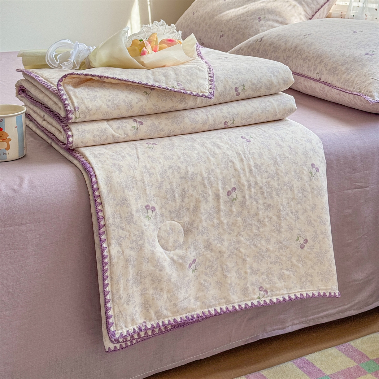 91家纺网 家纺一手货源 找家纺 （总）被窝家纺 2026春夏新款贝壳边全棉双层纱大豆夏凉被空调被夏被四件套