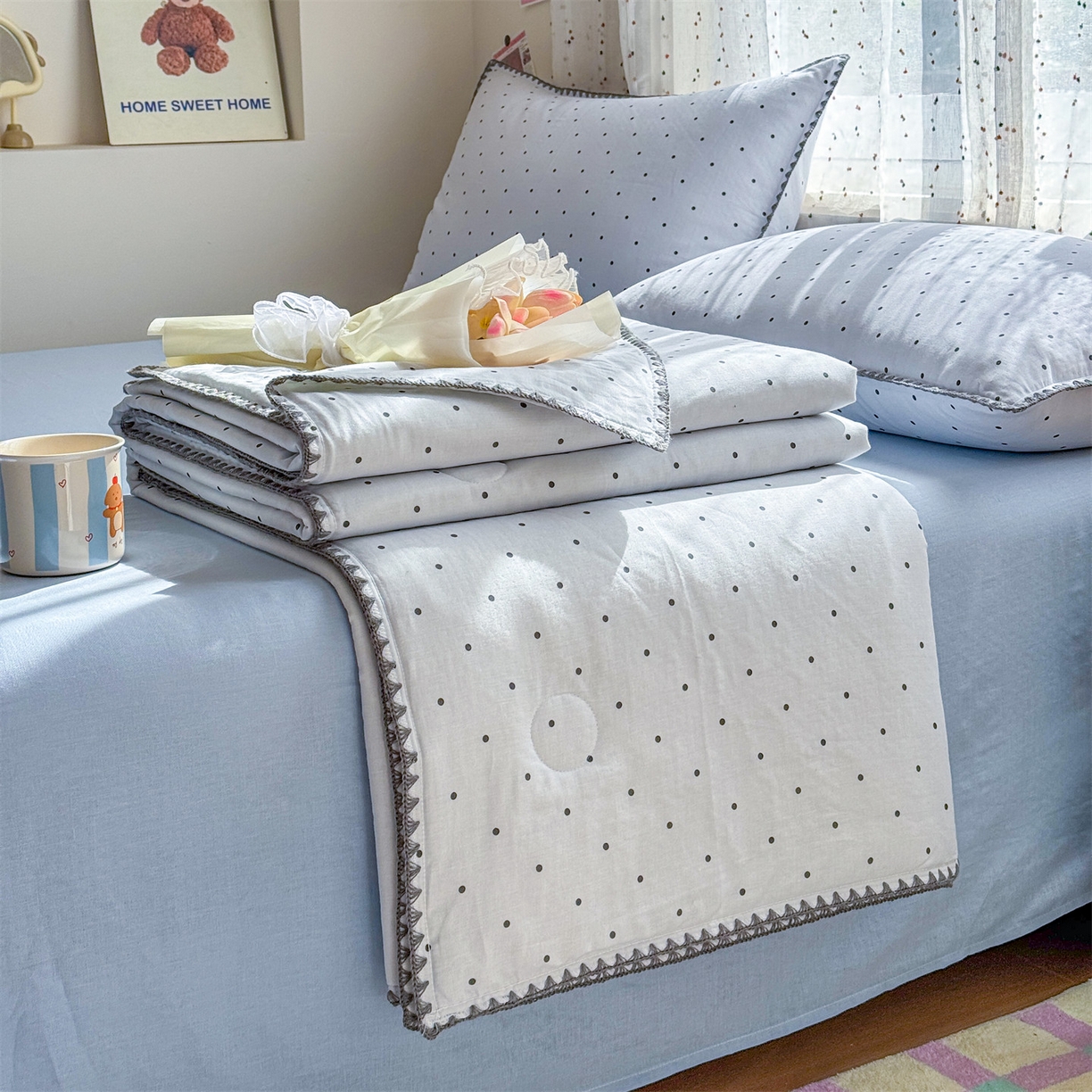 91家纺网 家纺一手货源 找家纺 （总）被窝家纺 2026春夏新款贝壳边全棉双层纱大豆夏凉被空调被夏被四件套